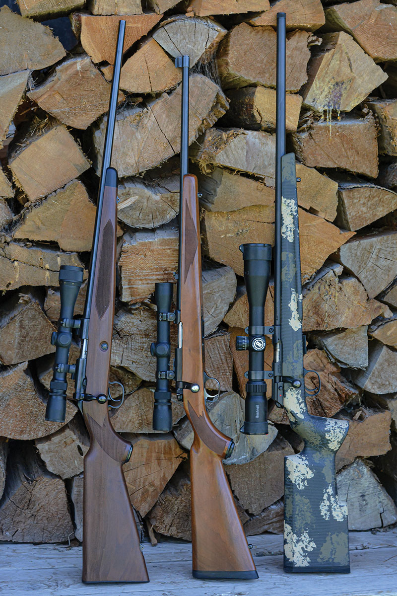 Bolt actions are popular rimfire rifles. Shown from left to right: The Winchester/Miroku Model 52B, Ruger 77/22 and CZ 457 Varmint Precision Trainer.